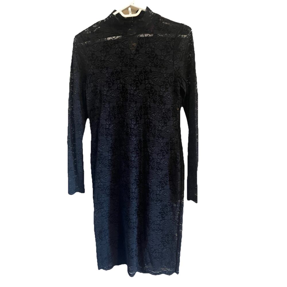 Vince Camuto Black Lace Mock Neck Bodycon Dress XS Long Sleeve Sheer Overlay
